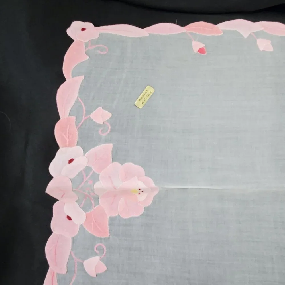 VTG 4 Hand Applique Embroidered Organdy Linen Placemats Pink White By Brode Main